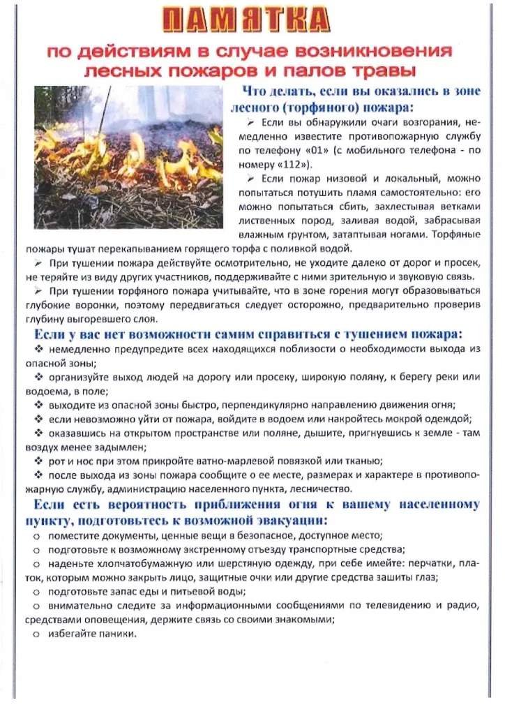 Памятка при лесном и ландшафтном пожаре